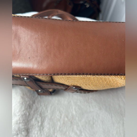 Francesco Biasia Beige Straw Brown Faux Leather Purse Shoulder Bag Satchel Tote - Picture 10 of 14